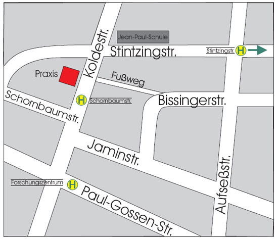 Anfahrtskarte Praxis Dr. Schmidt-Colberg, Koldestr. 8, 91052 Erlangen